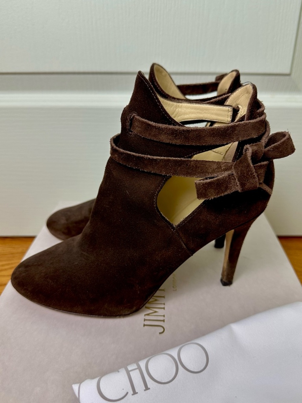 Jimmy Choo Dark Brown Marina Suede Heeled Booties 37.5 (with box & dustbag)